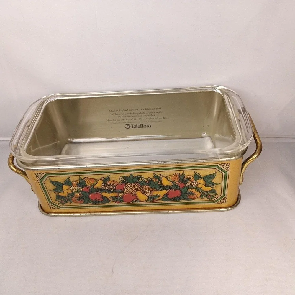 Vintage Pyrex 213 Teleflora Tin Holder & Clear Glass 213 Loaf Bread Pan 1.5 Qt